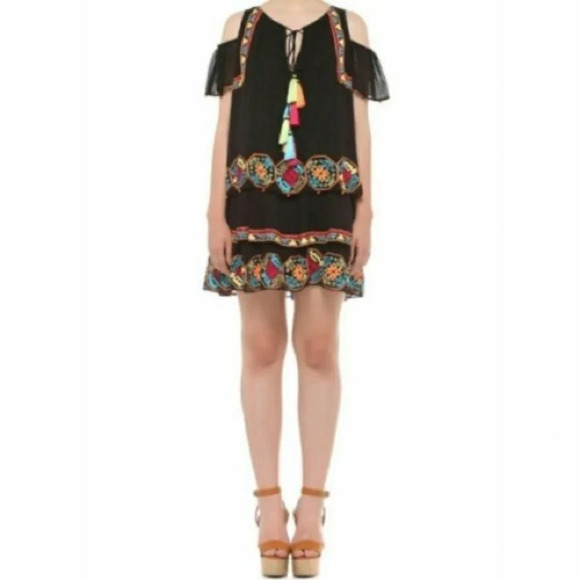 Hemant & Nandita Silk Coastland Embroidered Tiered Dress in Black - Size XS - Picture 1 of 8